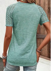 Green tops,Plain Color tops,ROTITA Lace Green V Neck Short Sleeve T Shirt