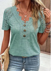 Green tops,Plain Color tops,ROTITA Lace Green V Neck Short Sleeve T Shirt