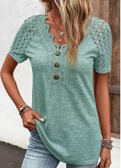Green tops,Plain Color tops,ROTITA Lace Green V Neck Short Sleeve T Shirt