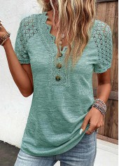 Green tops,Plain Color tops,ROTITA Lace Green V Neck Short Sleeve T Shirt