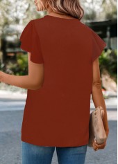 Brick Red tops,Plain Color tops,ROTITA Button Brick Red Round Neck T Shirt