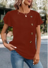 Brick Red tops,Plain Color tops,ROTITA Button Brick Red Round Neck T Shirt