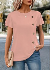 ROTITA Button Pink Round Neck Short Sleeve T Shirt