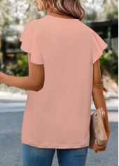 Pink tops,Plain Color tops,ROTITA Button Pink Round Neck Short Sleeve T Shirt