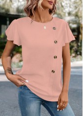 Pink tops,Plain Color tops,ROTITA Button Pink Round Neck Short Sleeve T Shirt
