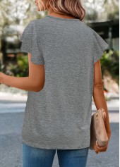 Grey tops,Plain Color tops,ROTITA Button Grey Round Neck Short Sleeve T Shirt