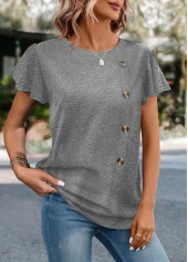 Grey tops,Plain Color tops,ROTITA Button Grey Round Neck Short Sleeve T Shirt