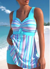 Cyan swimwear,Striped swimwear,Geometric swimwear,ROTITA Drawstring Cyan Multi Stripe Print Swimdress Top