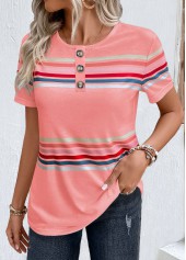 ROTITA Striped Pink Round Neck Short Sleeve T Shirt
