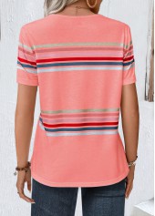 Pink tops,Striped tops,Geometric tops,ROTITA Striped Pink Round Neck Short Sleeve T Shirt