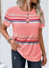 Pink tops,Striped tops,Geometric tops,ROTITA Striped Pink Round Neck Short Sleeve T Shirt