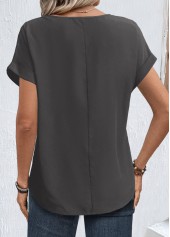Grey tops,Plain Color tops,ROTITA Zipper Grey Round Neck Short Sleeve Blouse