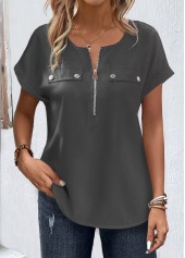 Grey tops,Plain Color tops,ROTITA Zipper Grey Round Neck Short Sleeve Blouse