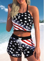 Black swimwear,Flag swimwear,ROTITA Drawstring Black American Flag Print Bikini Set