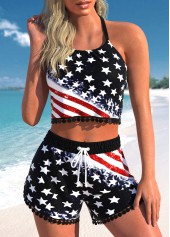ROTITA Drawstring Black American Flag Print Bikini Set