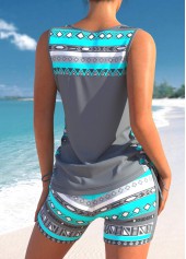 Grey swimwear,Tribal swimwear,Striped swimwear,ROTITA Drawstring Grey Tribal Print Mid Waisted Tankini Set