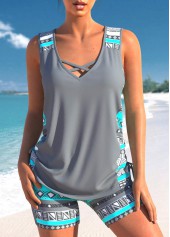 ROTITA Drawstring Grey Tribal Print Mid Waisted Tankini Set