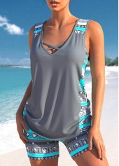 Grey swimwear,Tribal swimwear,Striped swimwear,ROTITA Drawstring Grey Tribal Print Mid Waisted Tankini Set