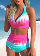 Cyan swimwear,Hot Pink swimwear,Ombre swimwear,ROTITA Ruched Cyan Ombre High Waisted Bikini Set