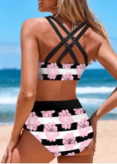 Black swimwear,Pink swimwear,Striped swimwear,Floral swimwear,ROTITA Criss Cross Black Striped Mid Waisted Bikini Set