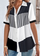 White tops,Black tops,Striped tops,Geometric tops,Contrast Color tops,ROTITA Button Striped White Shirt Collar Short Sleeve Blouse
