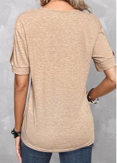 Light Camel tops,Plain Color tops,ROTITA Button Light Camel Split Neck T Shirt