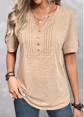 Light Camel tops,Plain Color tops,ROTITA Button Light Camel Split Neck T Shirt