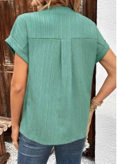 Green tops,Plain Color tops,ROTITA Button Green V Neck Short Sleeve T Shirt