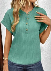 Green tops,Plain Color tops,ROTITA Button Green V Neck Short Sleeve T Shirt