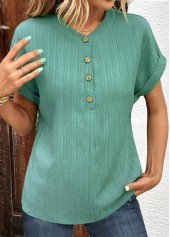 Green tops,Plain Color tops,ROTITA Button Green V Neck Short Sleeve T Shirt