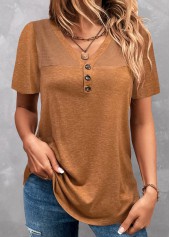 Dark Camel tops,Plain Color tops,ROTITA Patchwork Dark Camel V Neck T Shirt