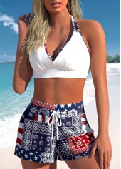 Navy swimwear,White swimwear,Flag swimwear,Striped swimwear,Geometric swimwear,Floral swimwear,ROTITA Patchwork Navy Flag Print High Waisted Bikini Set
