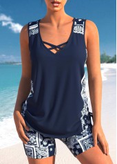 ROTITA Drawstring Navy Tribal Print Mid Waisted Tankini Set