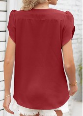 Wine Red tops,Plain Color tops,Ruched Wine Red Round Neck T Shirt