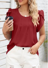 Wine Red tops,Plain Color tops,Ruched Wine Red Round Neck T Shirt