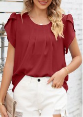 Wine Red tops,Plain Color tops,Ruched Wine Red Round Neck T Shirt