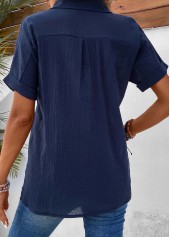 Navy tops,Plain Color tops,ROTITA Pocket Navy Shirt Collar Short Sleeve Blouse