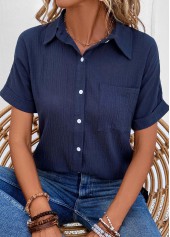 Navy tops,Plain Color tops,ROTITA Pocket Navy Shirt Collar Short Sleeve Blouse