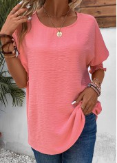 Pink tops,Plain Color tops,ROTITA Smocked Pink Round Neck Half Sleeve T Shirt