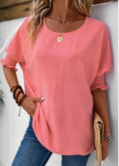 Pink tops,Plain Color tops,ROTITA Smocked Pink Round Neck Half Sleeve T Shirt