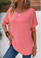 Pink tops,Plain Color tops,ROTITA Smocked Pink Round Neck Half Sleeve T Shirt