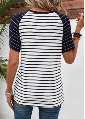 Navy tops,White tops,Striped tops,ROTITA Patchwork Striped Navy Round Neck T Shirt