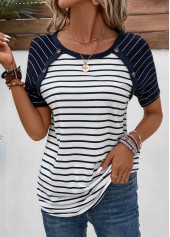 ROTITA Patchwork Striped Navy Round Neck T Shirt