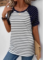 Navy tops,White tops,Striped tops,ROTITA Patchwork Striped Navy Round Neck T Shirt