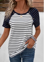 Navy tops,White tops,Striped tops,ROTITA Patchwork Striped Navy Round Neck T Shirt