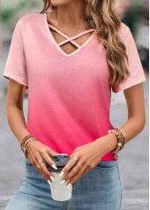 Hot Pink tops,Ombre tops,ROTITA Criss Cross Ombre Hot Pink T Shirt