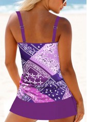 Purple swimwear,Tribal swimwear,Geometric swimwear,ROTITA Drawstring Purple Tribal Print Mid Waisted Tankini Set