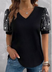 Black tops,Plain Color tops,ROTITA Sequin Black V Neck Short Sleeve T Shirt