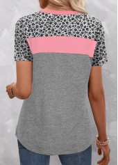 Pink tops,Grey tops,Leopard tops,Geometric tops,ROTITA Patchwork Leopard Pink Round Neck T Shirt