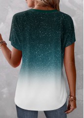 Turquoise tops,White tops,Ombre tops,ROTITA Button Ombre Turquoise V Neck Short Sleeve Blouse